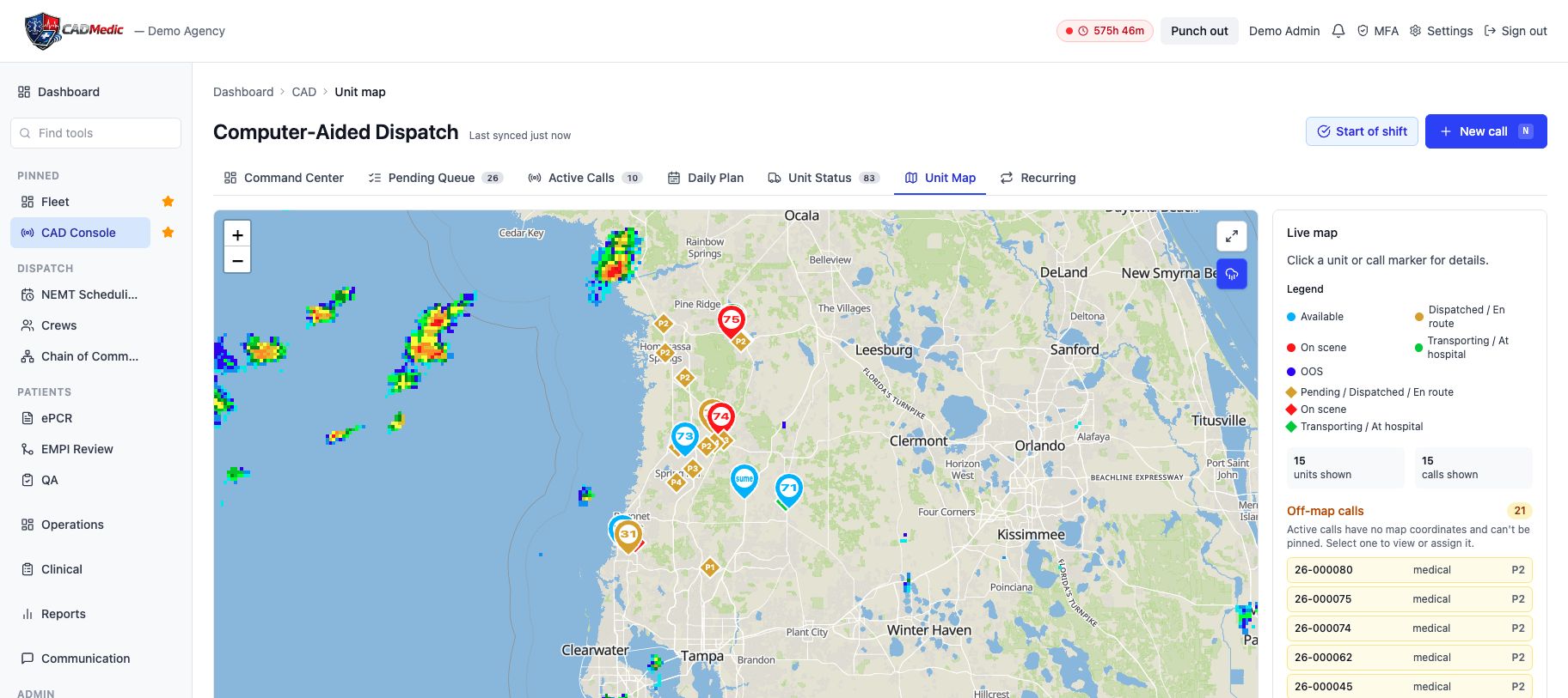 CADMedic CAD unit map showing live units, weather radar, and off-map calls